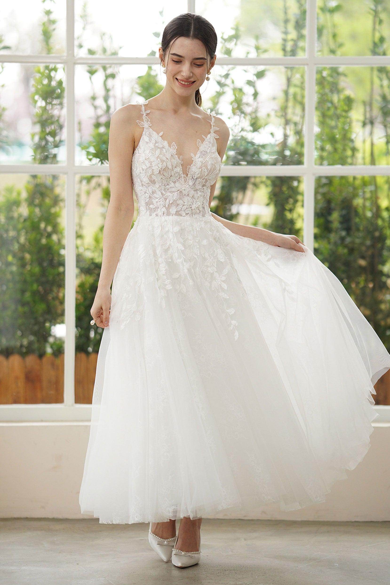 A-Line Ankle Length Lace Tulle Wedding Dress CW3316 - COCOMELODY
